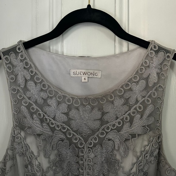 Sue Wong Platinum Embroidered Mesh Overlay Cocktail Dress Women's Size 6 - Picture 2 of 9